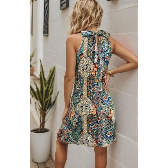 New Halter Neck Sleeveless Floral Boho XL Summer Dress For Women Knee Length Lig - Picture 4 of 5